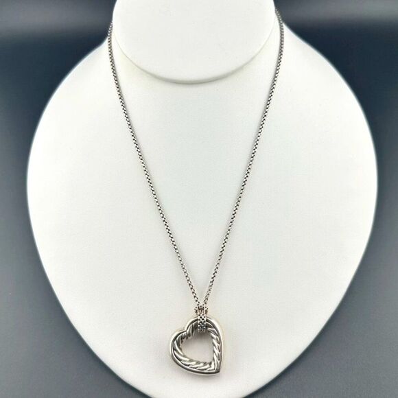 Authentic David Yurman Sterling Silver & 18k Gold Lg Open Heart Cable Necklace - Picture 2 of 11